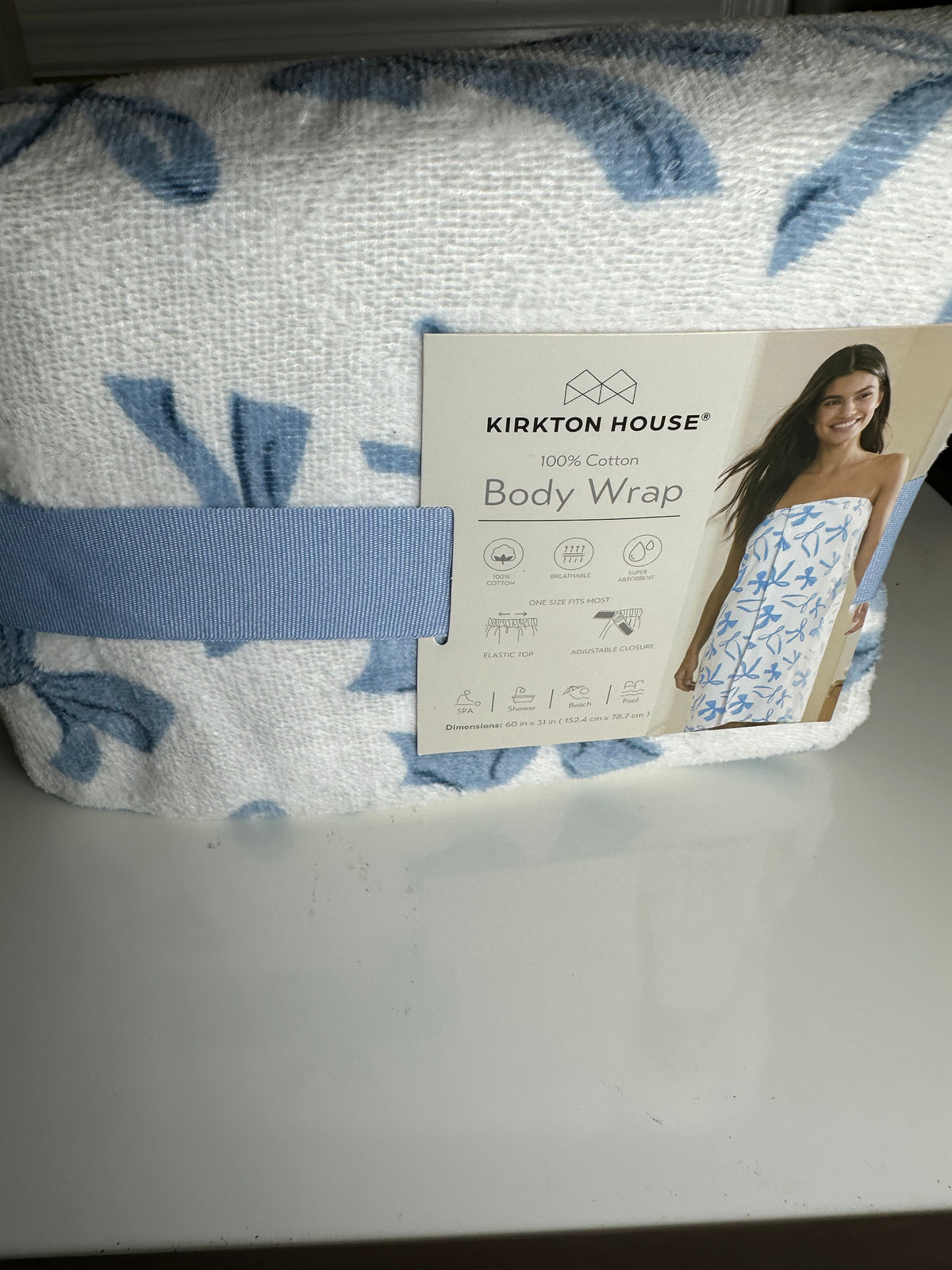 Kirkton House Body Wrap Women One Size blue & white Cotton Spa Towel Adjustable