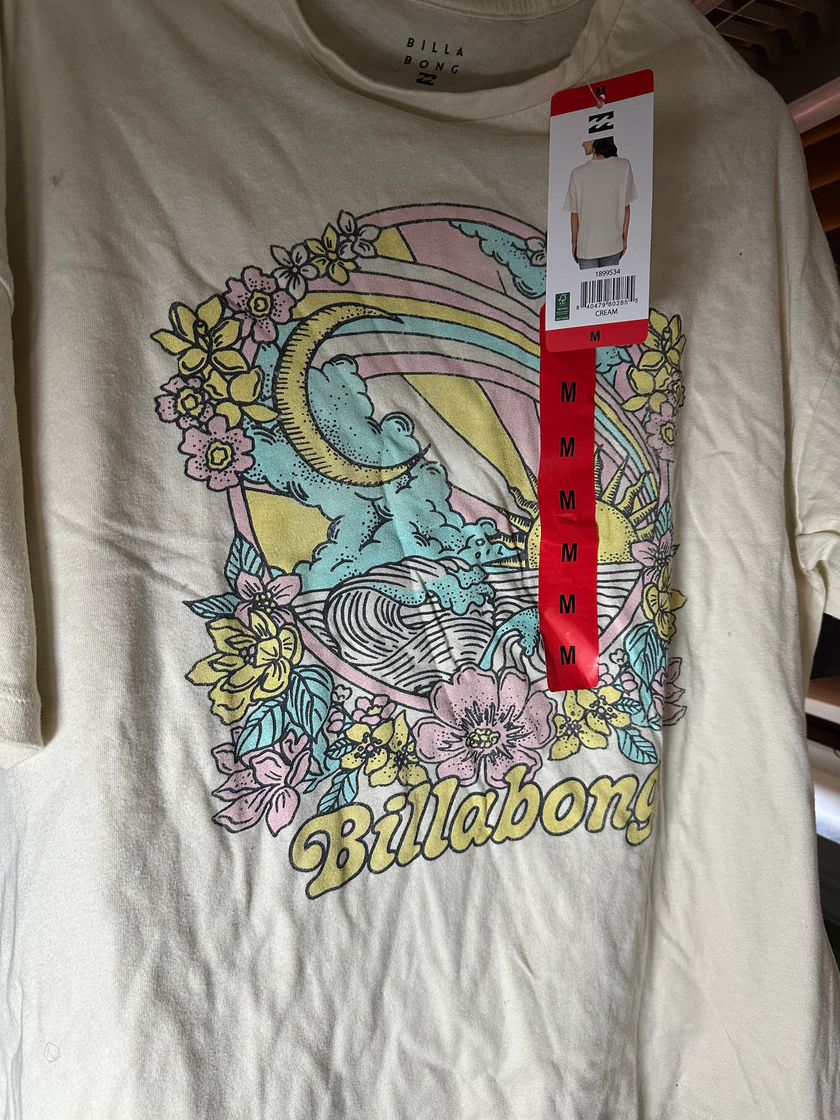 Billabong Top Shirt Medium Adult cream Boyfriend Fit Oversized Graphic Tee Women