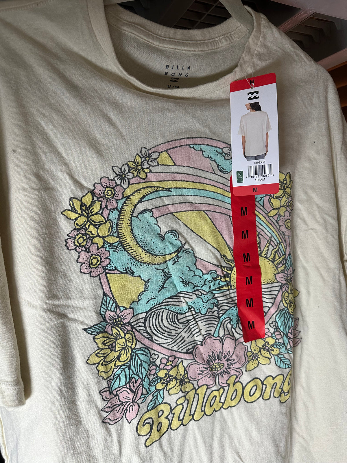 Billabong Top Shirt Medium Adult cream Boyfriend Fit Oversized Graphic Tee Women