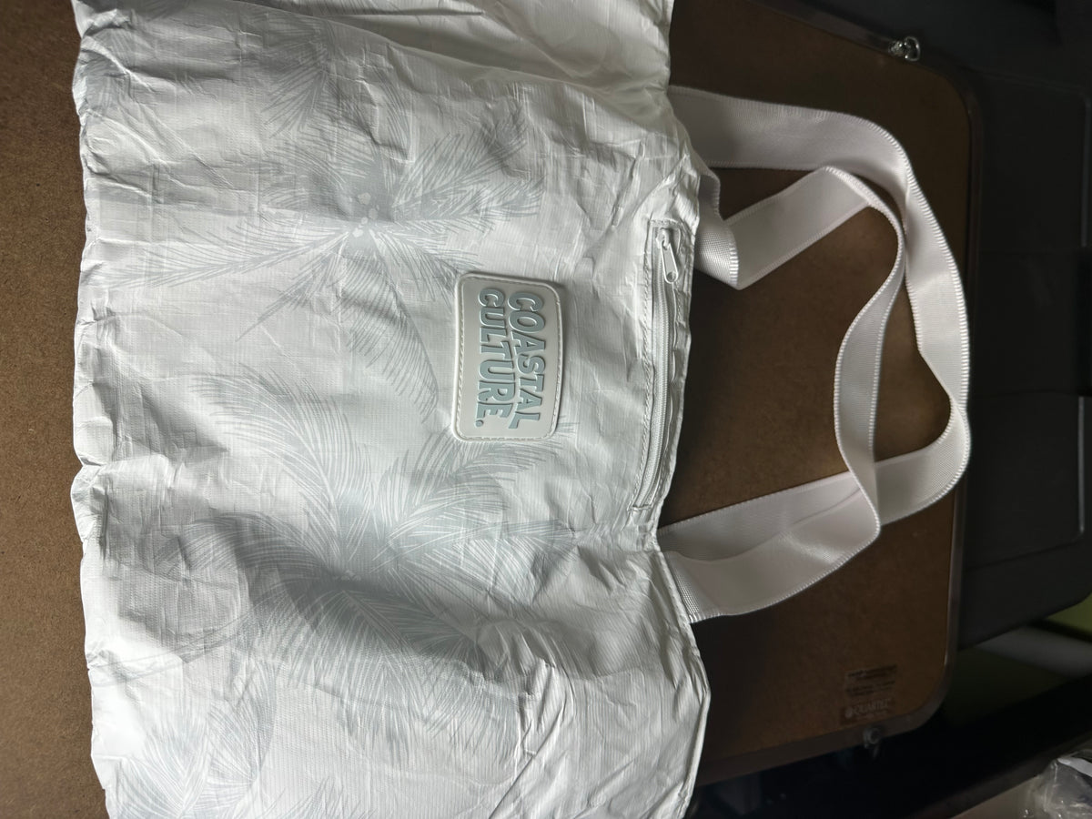 Coastal Culture White Palm-Print Zipper Tote Bag