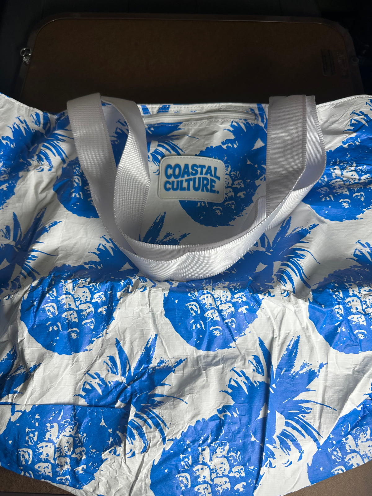 Coastal Culture Pineapple-Print Zipper Tote Bag – Blue & White